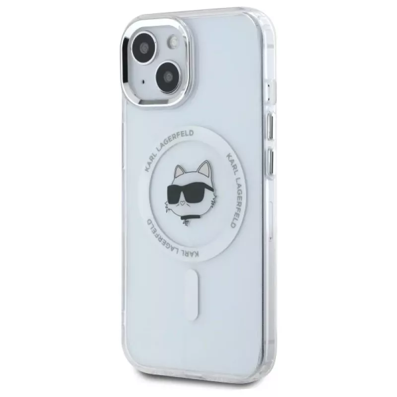 Karl Lagerfeld KLHMP15SHLSCHH iPhone 15 6,1 inch Witte Hardcase IML Metaal Choupette Head MagSafe