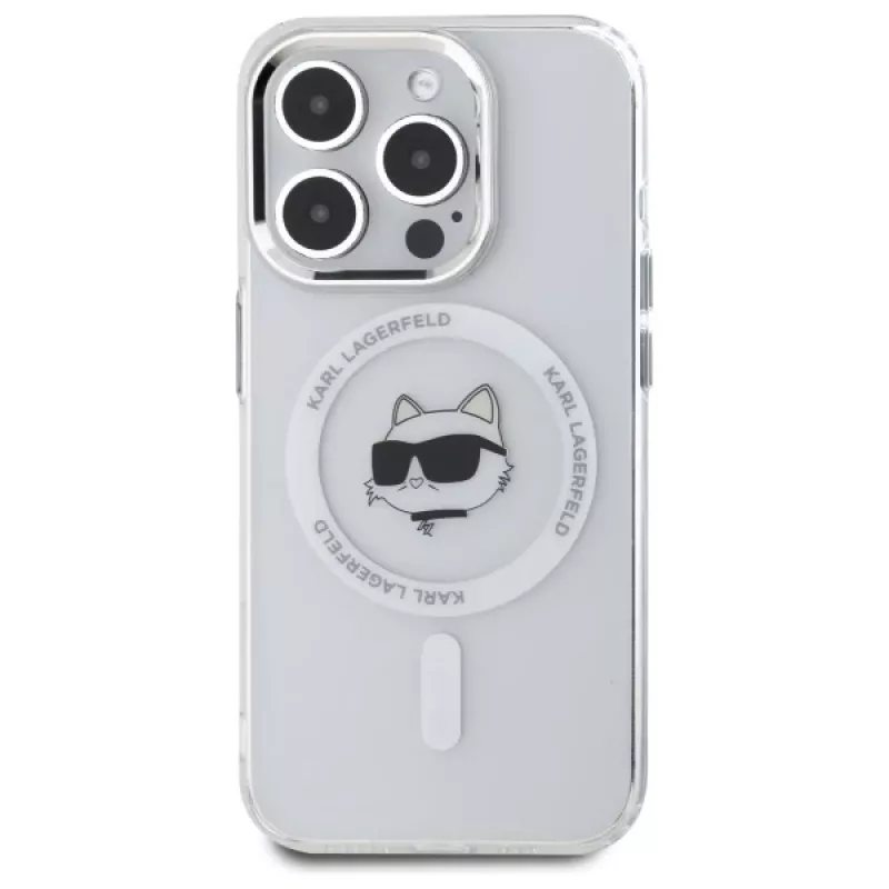 Karl Lagerfeld KLHMP15XHLSCHH Hardcase IML Metaal Choupette Head MagSafe voor iPhone 15 Pro Max 6,7 inch Wit
