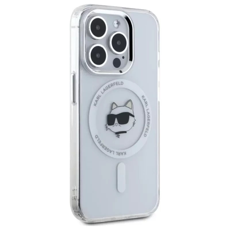 Karl Lagerfeld KLHMP15XHLSCHH Hardcase IML Metaal Choupette Head MagSafe voor iPhone 15 Pro Max 6,7 inch Wit