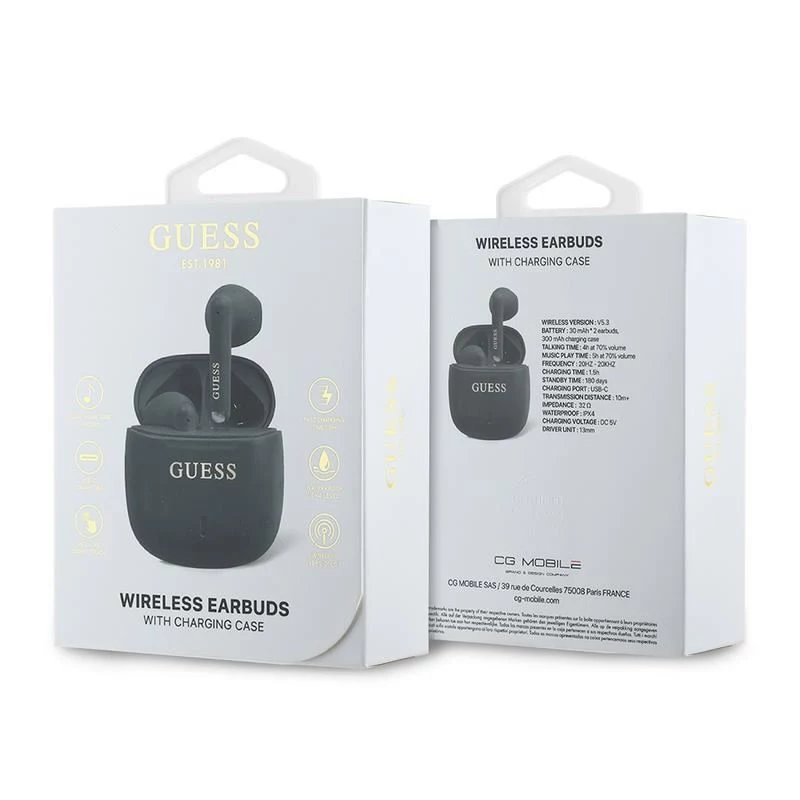Guess GUTWSJ14ESGKTWS True Wireless Bluetooth 5.3 In-ear-koptelefoon met oplaadcase, Zwart, Classic Logo Print