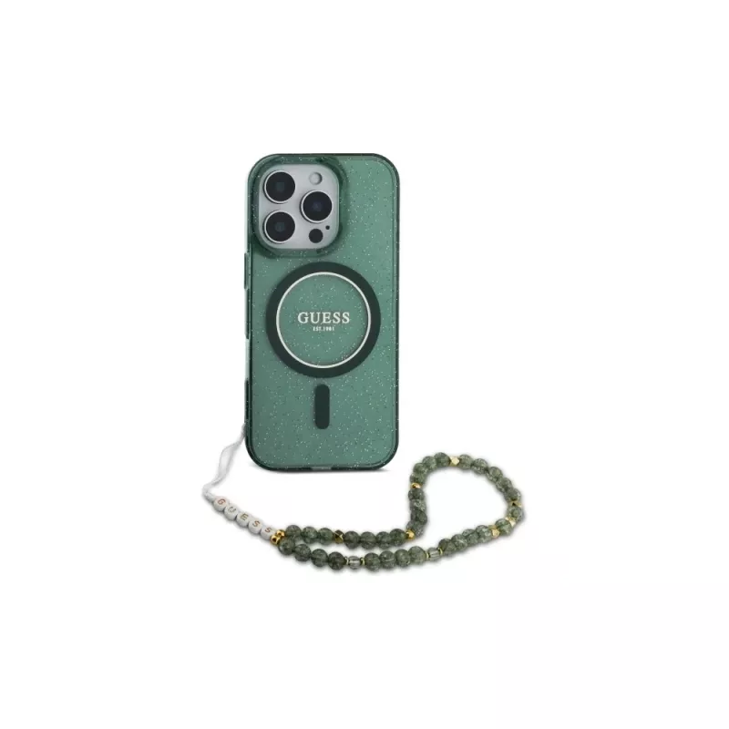 Guess IML Glitter With Pearl Strap MagSafe Case voor iPhone 16 Pro Max (Groen)