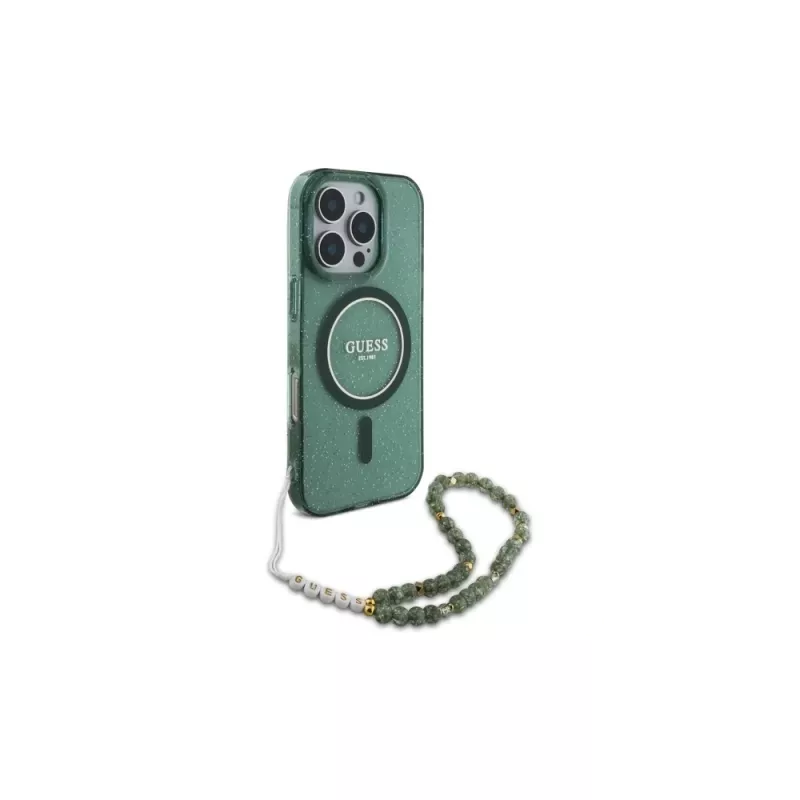 Guess IML Glitter With Pearl Strap MagSafe Case voor iPhone 16 Pro Max (Groen)