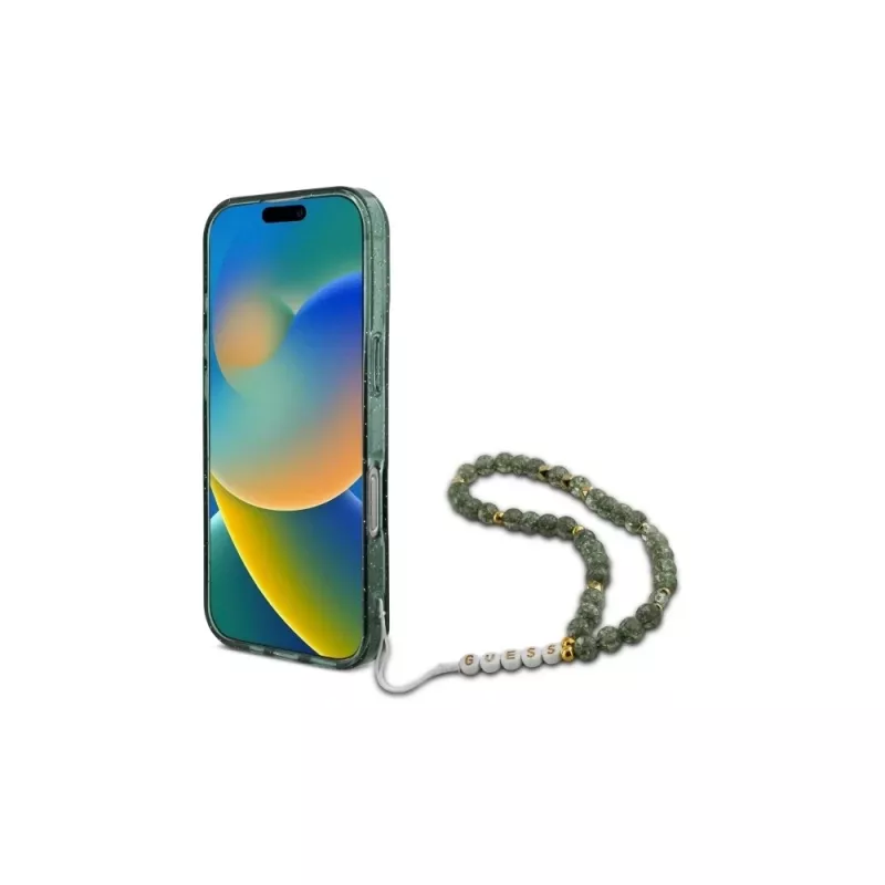 Guess IML Glitter With Pearl Strap MagSafe Case voor iPhone 16 Pro Max (Groen)