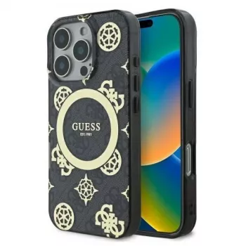 Guess GUHMP16XH4PYEEK hardcase voor iPhone 16 Pro Max 6,9 inch zwart Peony op 4G-achtergrond MagSafe