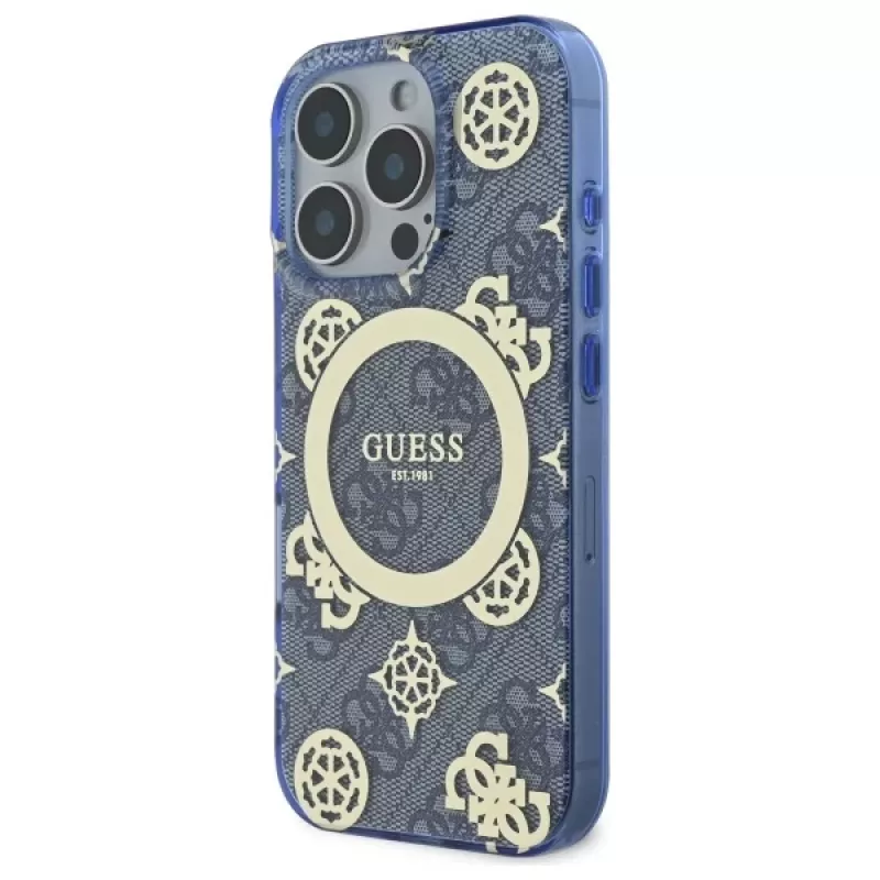 Guess GUHMP16XH4PYEEB iPhone 16 Pro Max 6,9 inch blauwe hardcase IML Peony On 4G Background MagSafe