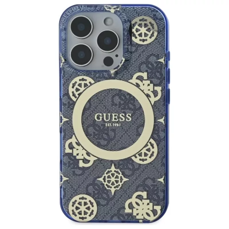 Guess GUHMP16XH4PYEEB iPhone 16 Pro Max 6,9 inch blauwe hardcase IML Peony On 4G Background MagSafe