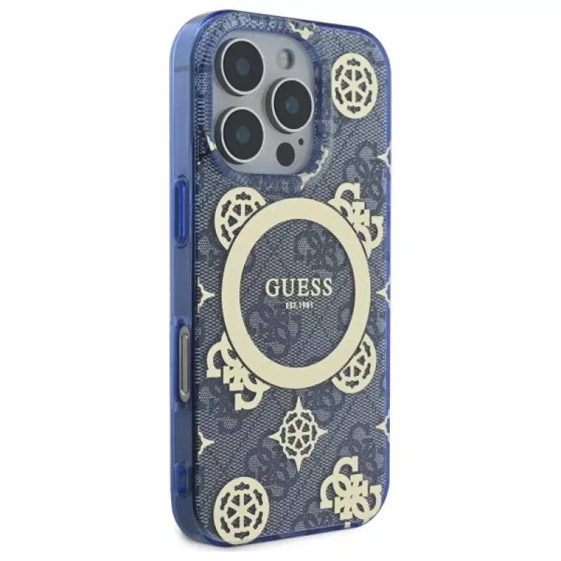 Guess GUHMP16XH4PYEEB iPhone 16 Pro Max 6,9 inch blauwe hardcase IML Peony On 4G Background MagSafe