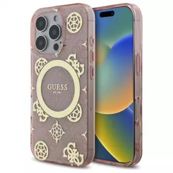 Guess GUHMP16LH4PYEEP iPhone 16 Pro 6,3 inch roze hardcase IML Peony On 4G Background MagSafe