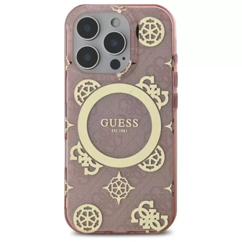 Guess GUHMP16LH4PYEEP iPhone 16 Pro 6,3 inch roze hardcase IML Peony On 4G Background MagSafe