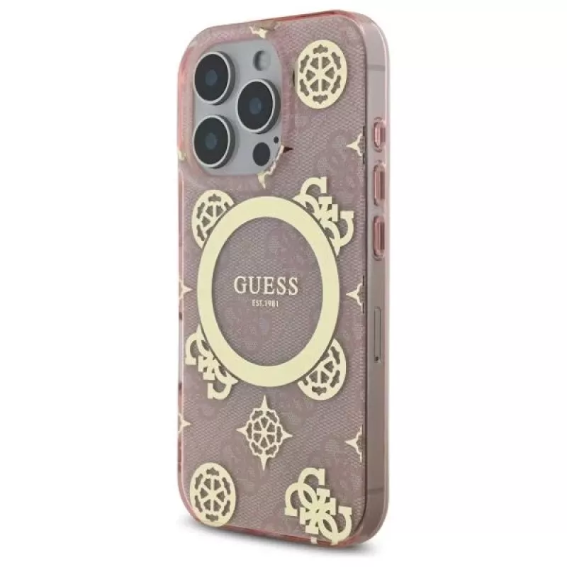 Guess GUHMP16LH4PYEEP iPhone 16 Pro 6,3 inch roze hardcase IML Peony On 4G Background MagSafe