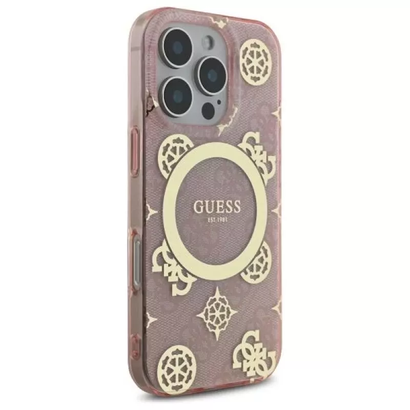 Guess GUHMP16LH4PYEEP iPhone 16 Pro 6,3 inch roze hardcase IML Peony On 4G Background MagSafe