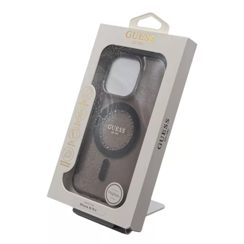 Guess GUHMP16LPFTDTEK Hardcase voor Apple iPhone 16 Pro 6,3 inch, zwart, IML strasssteentjes, MagSafe