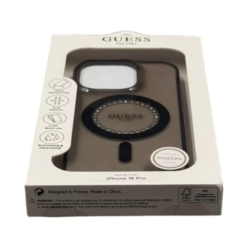 Guess GUHMP16LPFTDTEK Hardcase voor Apple iPhone 16 Pro 6,3 inch, zwart, IML strasssteentjes, MagSafe