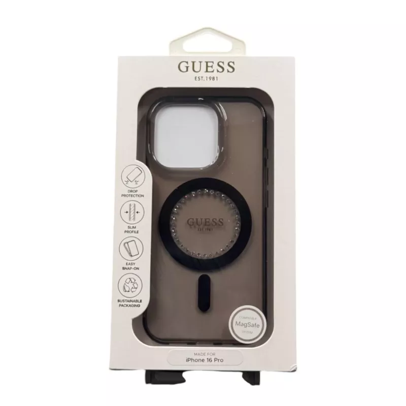 Guess GUHMP16LPFTDTEK Hardcase voor Apple iPhone 16 Pro 6,3 inch, zwart, IML strasssteentjes, MagSafe