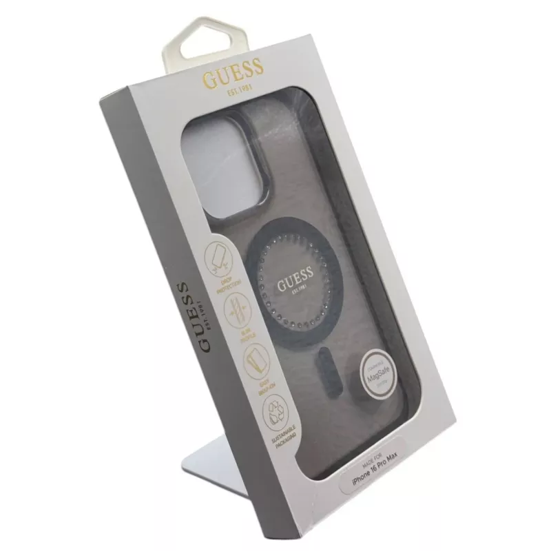 Guess IML Rhinestones MagSafe Case voor iPhone 16 Pro Max (zwart)