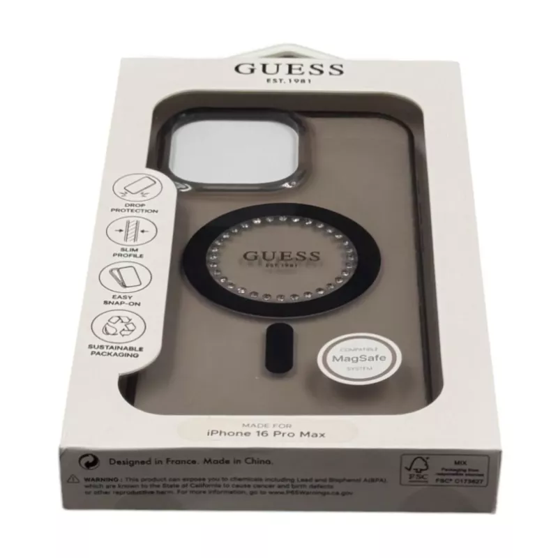 Guess IML Rhinestones MagSafe Case voor iPhone 16 Pro Max (zwart)
