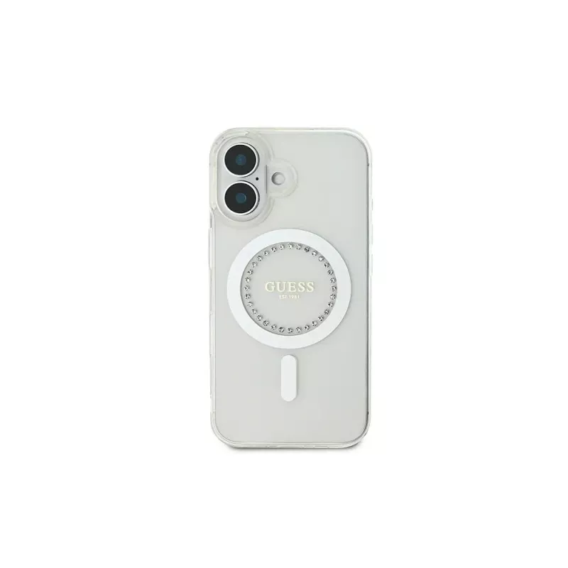Guess GUHMP16SPFTDTEH hardcase IML Rhinestones MagSafe voor Apple iPhone 16 6,1 inch wit