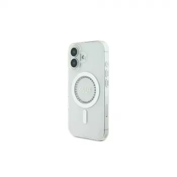 Guess GUHMP16MPFTDTEH hardcase IML Rhinestones MagSafe voor Apple iPhone 16 Plus 6,7 inch wit