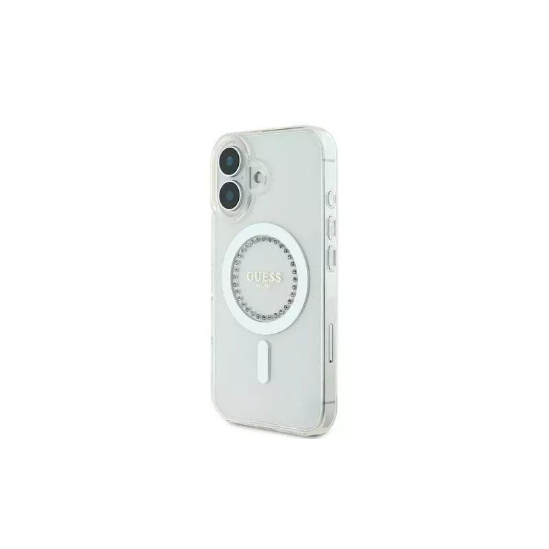 Guess GUHMP16MPFTDTEH hardcase IML Rhinestones MagSafe voor Apple iPhone 16 Plus 6,7 inch wit