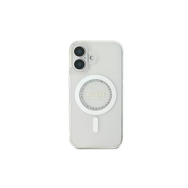 Guess GUHMP16MPFTDTEH hardcase IML Rhinestones MagSafe voor Apple iPhone 16 Plus 6,7 inch wit