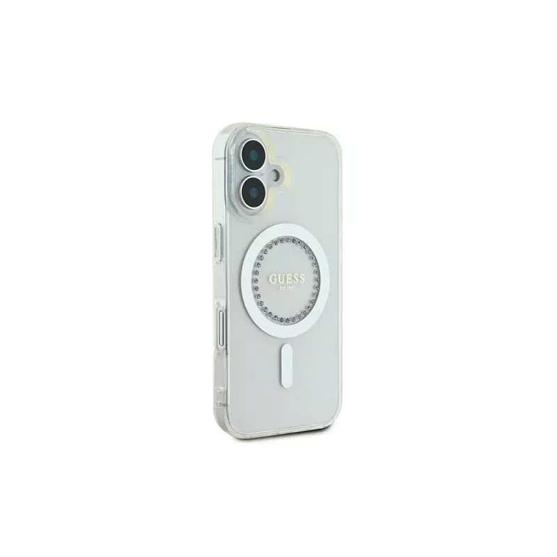 Guess GUHMP16MPFTDTEH hardcase IML Rhinestones MagSafe voor Apple iPhone 16 Plus 6,7 inch wit