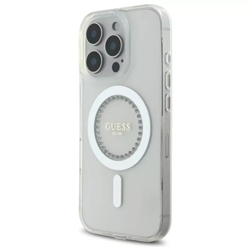 Guess GUHMP16LPFTDTEH hardcase voor Apple iPhone 16 Pro 6,3 inch wit IML strasssteentjes MagSafe