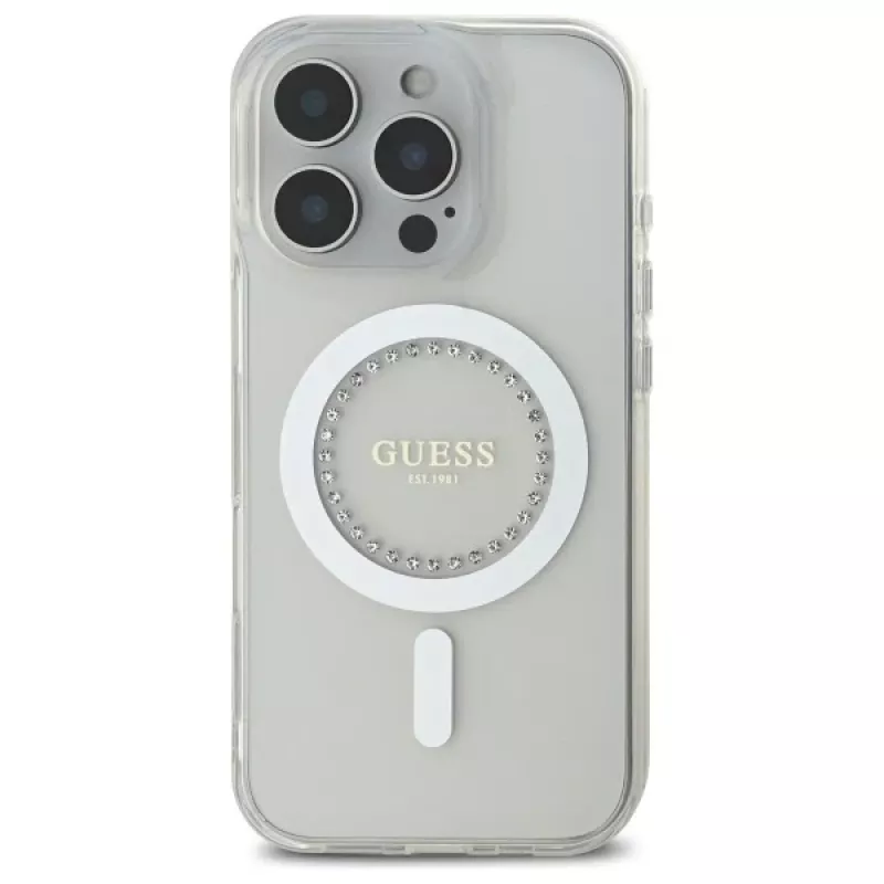 Guess GUHMP16LPFTDTEH hardcase voor Apple iPhone 16 Pro 6,3 inch wit IML strasssteentjes MagSafe