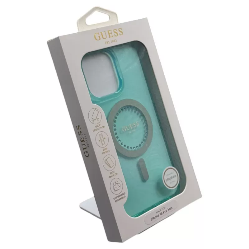 Guess IML Rhinestones MagSafe Case voor iPhone 16 Pro Max (groen)