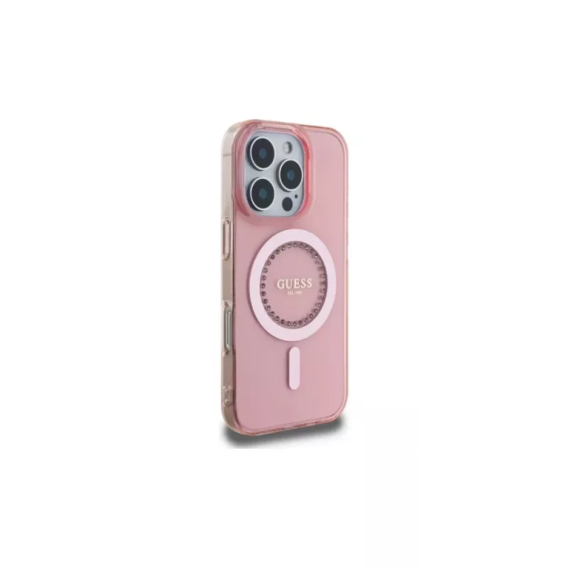 Guess GUHMP16LPFTDTEP Hardcase IML Rhinestones MagSafe voor iPhone 16 Pro 6.3 roze