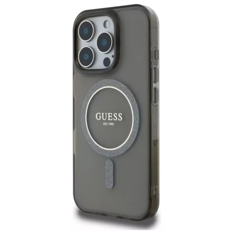 Guess GUHMP16LHFGEREK Hardcase IML Glitter Circle MagSafe voor iPhone 16 Pro 6.3 zwart