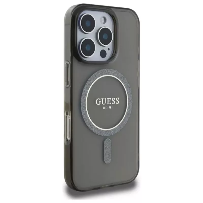 Guess GUHMP16LHFGEREK Hardcase IML Glitter Circle MagSafe voor iPhone 16 Pro 6.3 zwart
