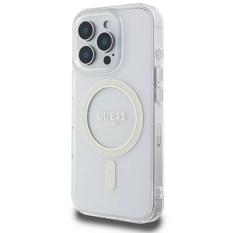 Guess Glitter Circle MagSafe hardcase voor Apple iPhone 16 Pro Max (6,9 inch) - transparant
