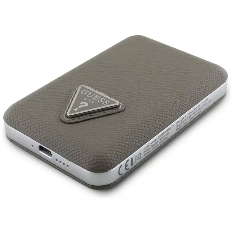 GUESS Grained Triangle draadloze powerbank 5000mAh 15W USB-C MagSafe bruin