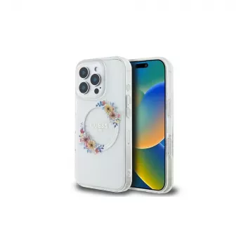 Guess GUHMP16LHFWFCT hardcase voor iPhone 16 Pro 6,3 inch transparant IML Flowers Wreath MagSafe