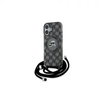 Karl Lagerfeld KLHMP16SHCKCKLCK iPhone 16 6,1 zwarte hardcase IML Crossbody Monogram Karl & Choupette Head MagSafe