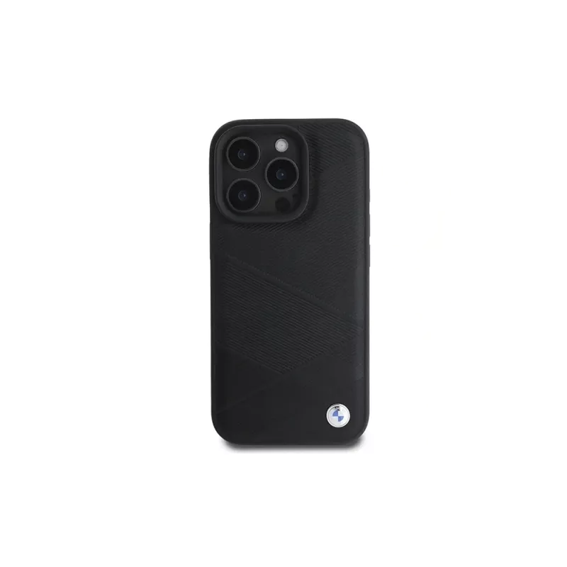 BMW Sign Leather Crossing Lines Pattern Hard Case voor Apple iPhone 16 Pro 6,3 inch zwart