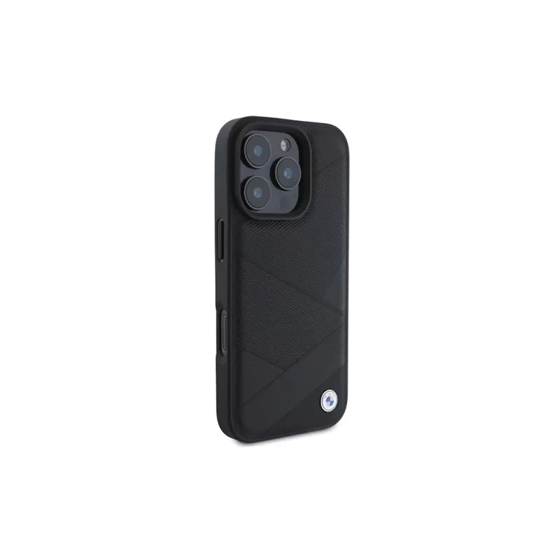 BMW Sign Leather Crossing Lines Pattern Hard Case voor Apple iPhone 16 Pro 6,3 inch zwart