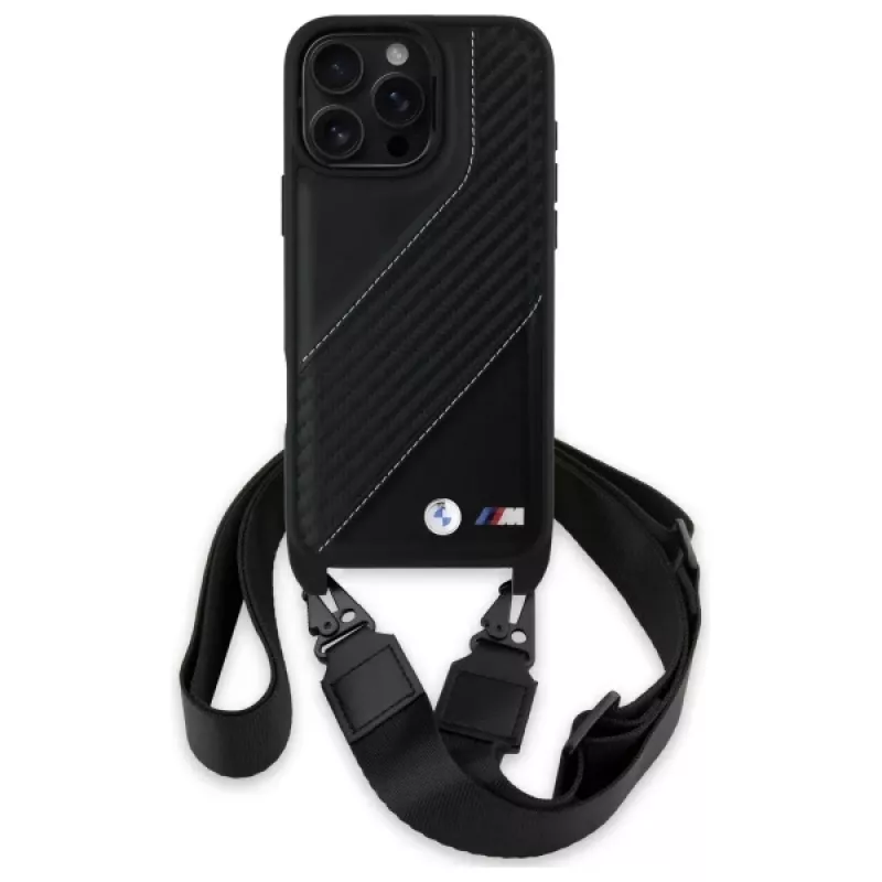BMW M Edition Carbon Stripe & Strap Hard Case voor Apple iPhone 16 Pro Max 6,9 inch zwart