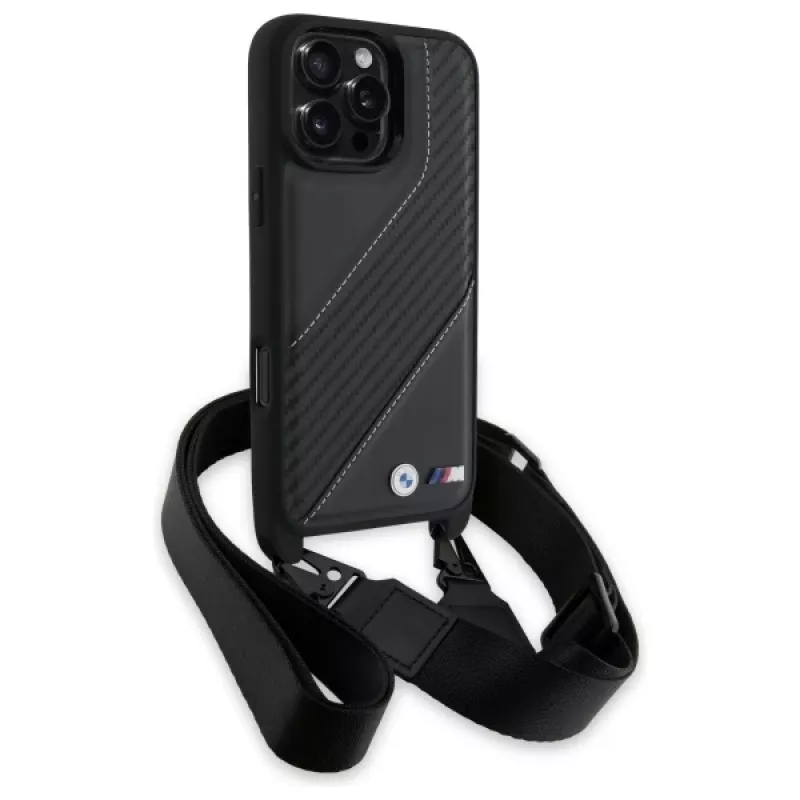 BMW M Edition Carbon Stripe & Strap Hard Case voor Apple iPhone 16 Pro Max 6,9 inch zwart