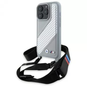 BMW M Edition Carbon Stripe & Strap Hard Case voor iPhone 16 Pro Max 6,9 inch grijs