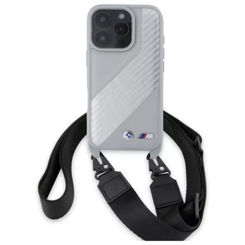 BMW M Edition Carbon Stripe & Strap Hard Case voor iPhone 16 Pro Max 6,9 inch grijs