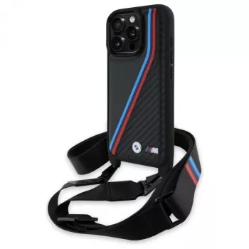 BMW M Edition Carbon Tricolor Lines & Strap Hard Case voor iPhone 16 Pro 6,3 zwart