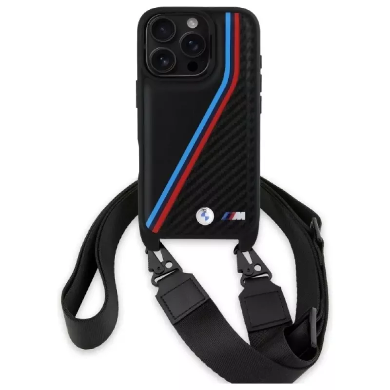 BMW M Edition Carbon Tricolor Lines & Strap Hard Case voor iPhone 16 Pro 6,3 zwart