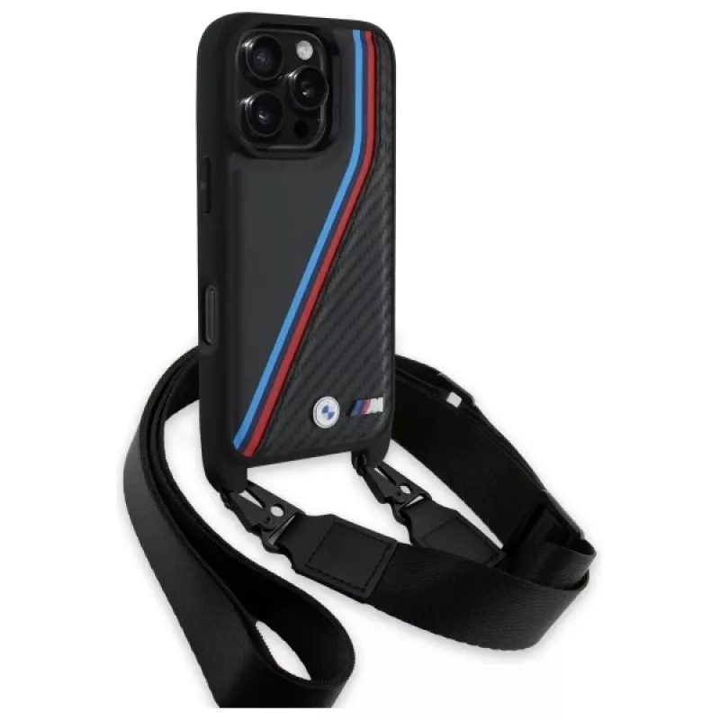 BMW M Edition Carbon Tricolor Lines & Strap Hard Case voor iPhone 16 Pro 6,3 zwart