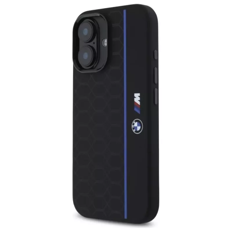 BMW BMHMP16S23SHEB iPhone 16 6,1 inch zwarte siliconen hardcase Hexagon Blue Line MagSafe