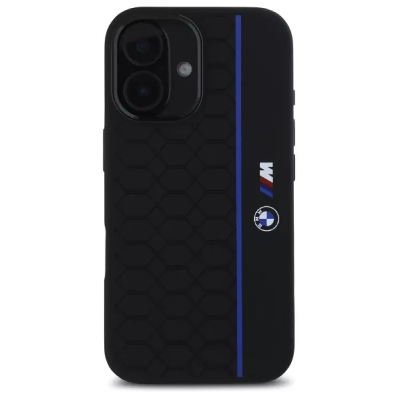 BMW BMHMP16S23SHEB iPhone 16 6,1 inch zwarte siliconen hardcase Hexagon Blue Line MagSafe
