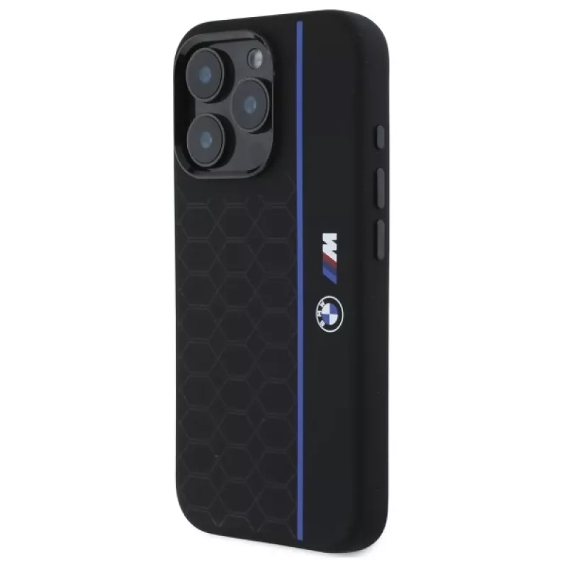BMW BMHMP16L23SHEB iPhone 16 Pro Hard Case Silicone Hexagon Blue Line MagSafe Zwart
