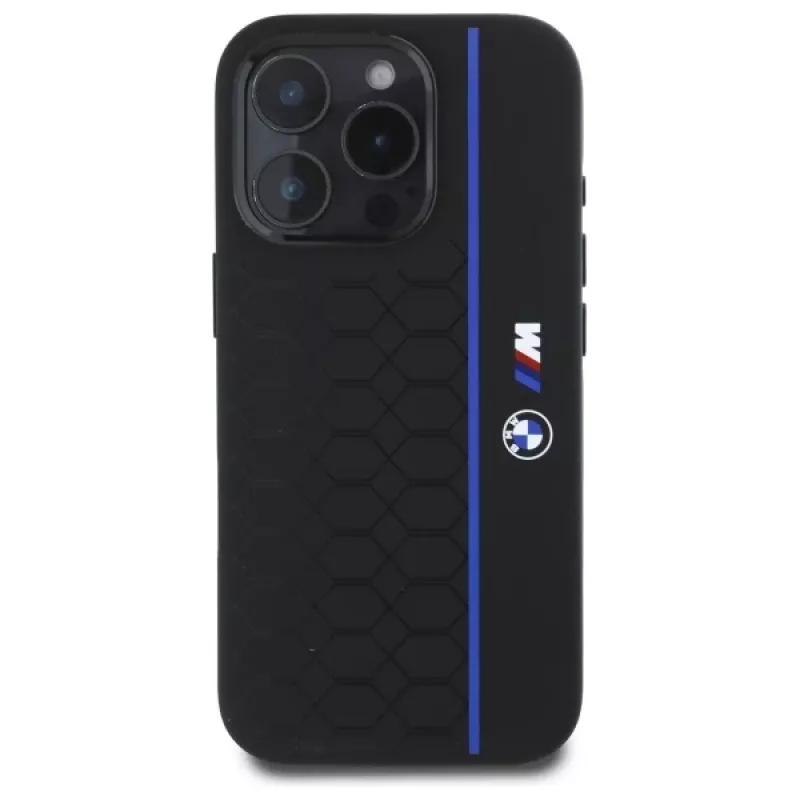 BMW BMHMP16L23SHEB iPhone 16 Pro Hard Case Silicone Hexagon Blue Line MagSafe Zwart