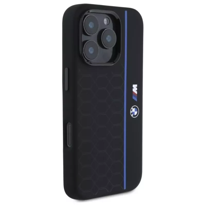 BMW BMHMP16L23SHEB iPhone 16 Pro Hard Case Silicone Hexagon Blue Line MagSafe Zwart