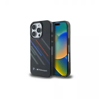 BMW Motorsport IML Random Stripes hardcase voor Apple iPhone 16 Pro 6,3 inch - zwart